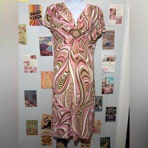 SL Fashions Pink and Olive Swirl Midi Dress with Ring Detail